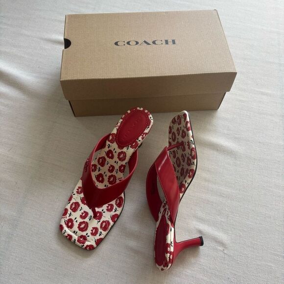 NEW COACH Women's Thong Kitten Heel With Floral Print Bold Red CBM86 US 8.5 - Picture 1 of 10